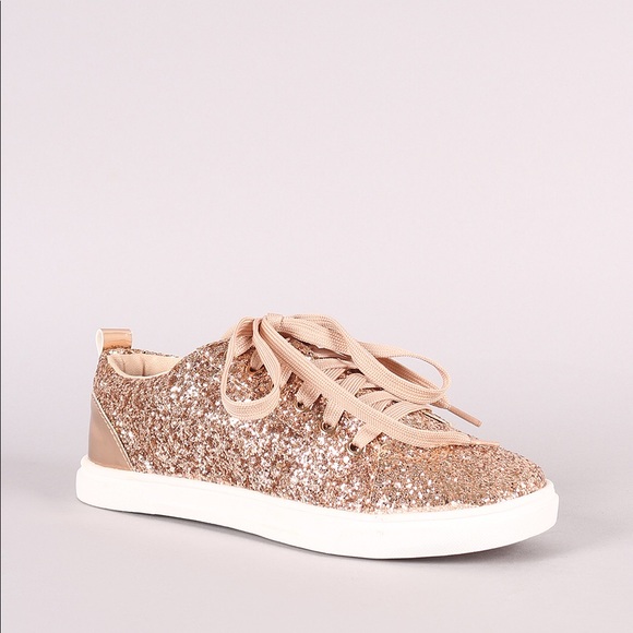 Ladies lace up glitters sneakers. Rose gold - Picture 3 of 6